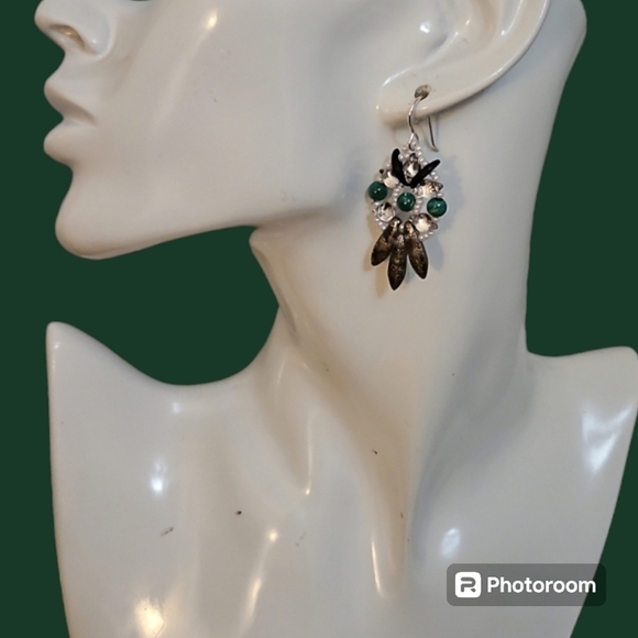 HANDMADE Czech Glass Malachite Dagger Bead Woven Dangle Hook Earrings - Picture 1 of 4